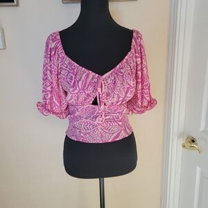 Pink Patterned Crop Blouse Smocked Back Milkmaid Boho Y2K Western Size Small NWT